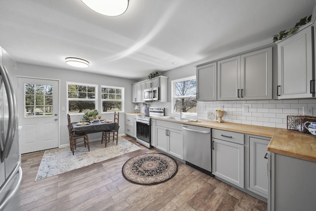 kitchen featuring tasteful backsplash, butcher block countertops, gray cabinets, stainless steel appliances, and wood finished floors