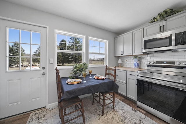 kitchen with decorative backsplash, light countertops, baseboards, wood finished floors, and stainless steel appliances