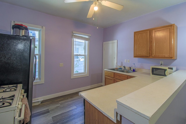 637 Prospect Ave NE, Grand Rapids, MI 49503 - kitchen featuring white appliances, a sink, dark wood finished floors, light countertops, and a peninsula