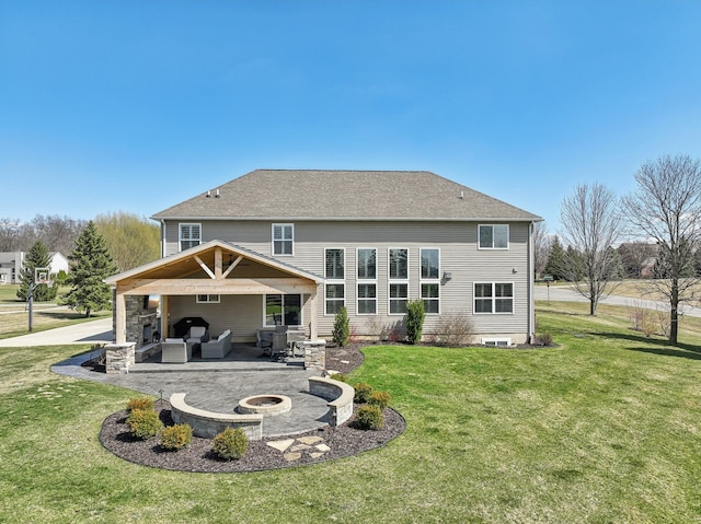 7416 Secretariat Dr, Saline, MI 48176 - back of property with an outdoor living space with a fire pit, a patio, a lawn, and roof with shingles