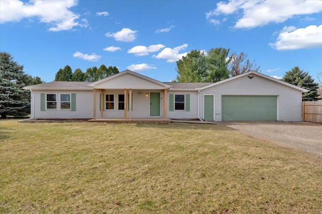single story home with fence, an attached garage, a front lawn, covered porch, and dirt driveway