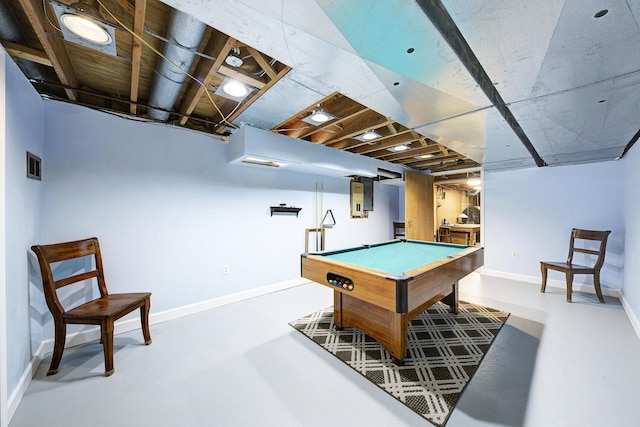 rec room with baseboards, billiards, visible vents, and concrete flooring