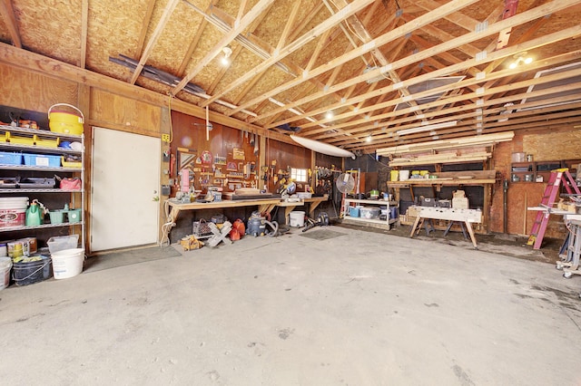 garage with a workshop area