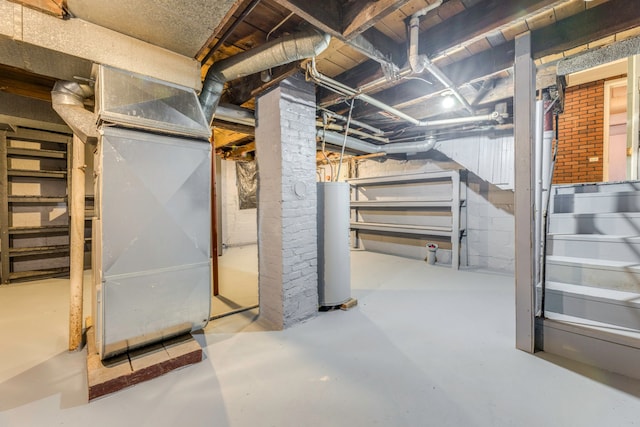 unfinished basement featuring water heater and heating unit