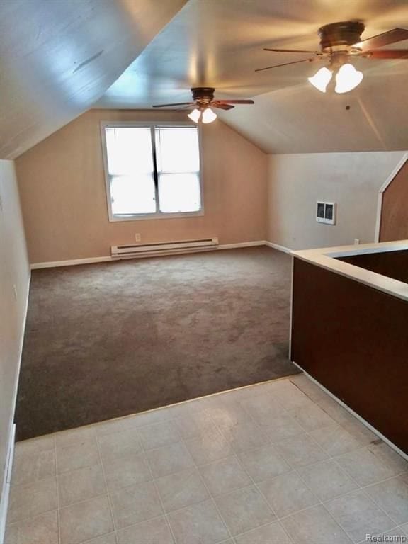 11035 Worden St, Detroit, MI 48224 - additional living space with light carpet, lofted ceiling, ceiling fan, and baseboard heating