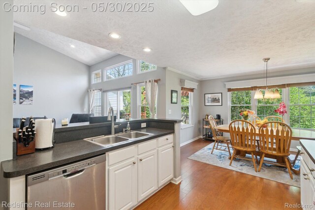 328 Split Rail Rdg, Williamston, MI 48895 - kitchen featuring a sink, stainless steel dishwasher, a textured ceiling, dark countertops, and white cabinets