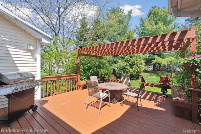 328 Split Rail Rdg, Williamston, MI 48895 - wooden terrace featuring outdoor dining area, a pergola, and area for grilling