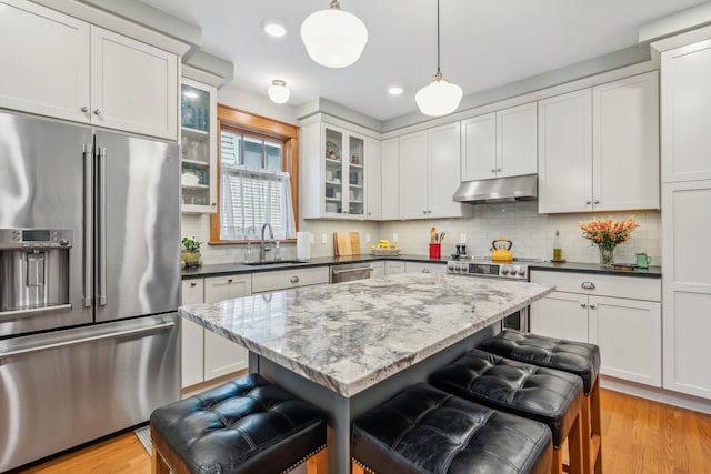 kitchen with a kitchen bar, under cabinet range hood, a sink, light wood finished floors, and appliances with stainless steel finishes