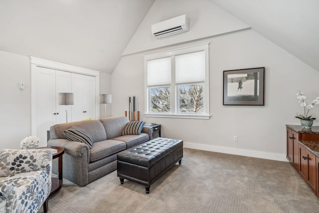 living area with a wall mounted air conditioner, lofted ceiling, baseboards, and light carpet