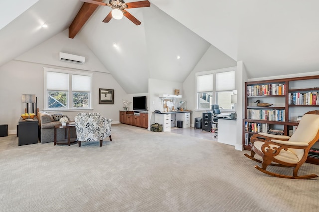 living area featuring a wall mounted AC, lofted ceiling with beams, carpet floors, and a wealth of natural light