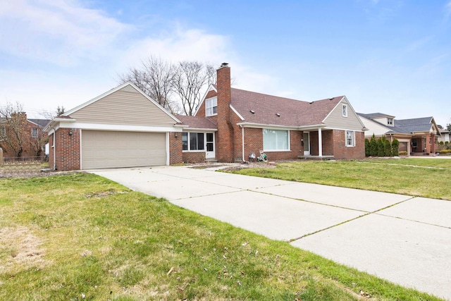 view of front of house featuring a chimney, driveway, a front lawn, brick siding, and a garage