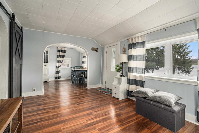 living area with lofted ceiling, baseboards, arched walkways, a barn door, and wood finished floors