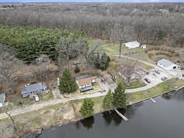 aerial view featuring a water view and a view of trees