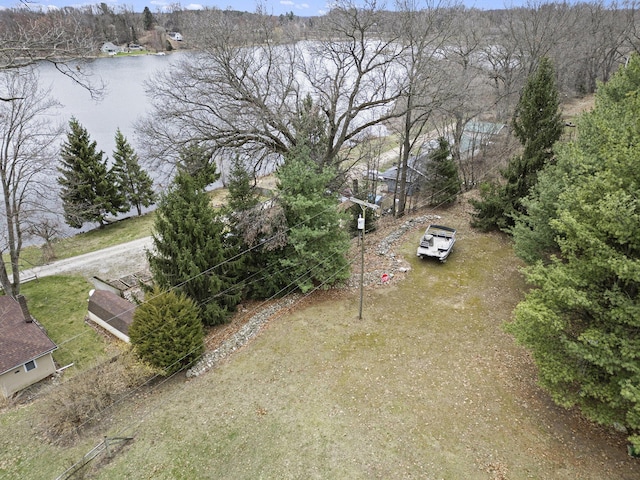 bird's eye view with a water view