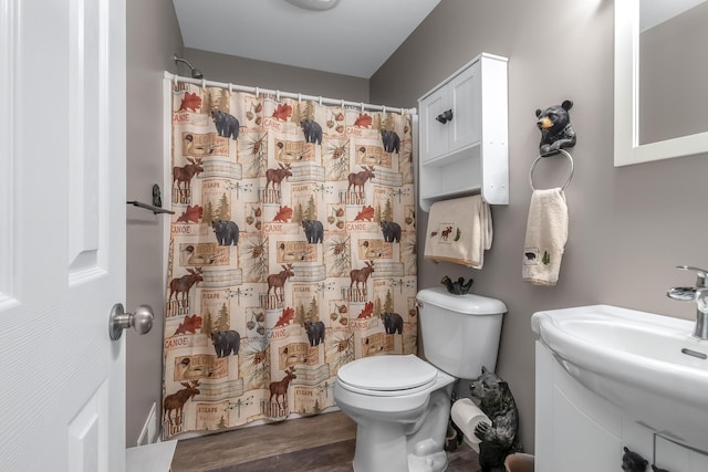 bathroom with a shower with shower curtain, wood finished floors, toilet, and a sink