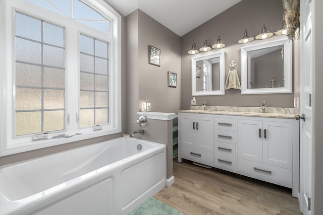 bathroom with double vanity, wood finished floors, a sink, and a garden tub