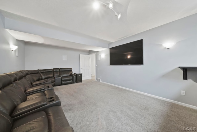 carpeted living room featuring baseboards