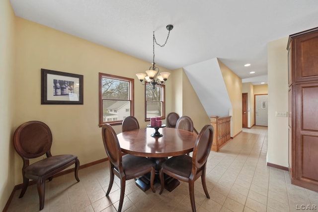 dining room featuring an inviting chandelier, recessed lighting, baseboards, and light tile patterned flooring