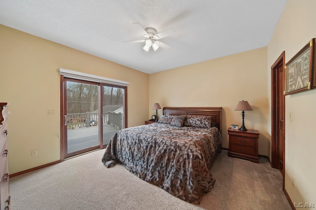 bedroom with access to outside, carpet flooring, baseboards, and a ceiling fan