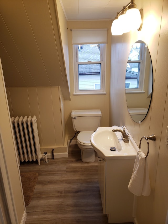 bathroom featuring toilet, vanity, radiator, and wood finished floors