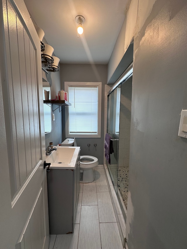 full bathroom featuring toilet, vanity, and a shower stall
