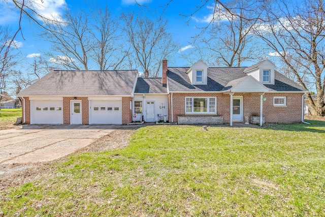 cape cod house with brick siding, a garage, and concrete driveway