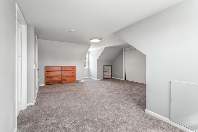 additional living space featuring baseboards, carpet floors, visible vents, and vaulted ceiling