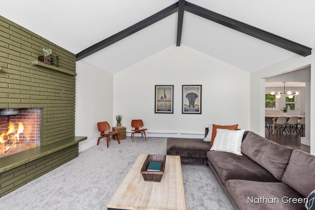 living area featuring an inviting chandelier, lofted ceiling with beams, baseboards, carpet floors, and a fireplace