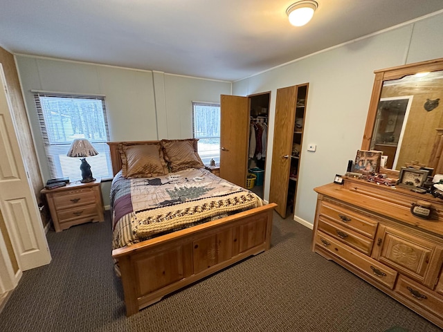 bedroom featuring a closet and dark carpet