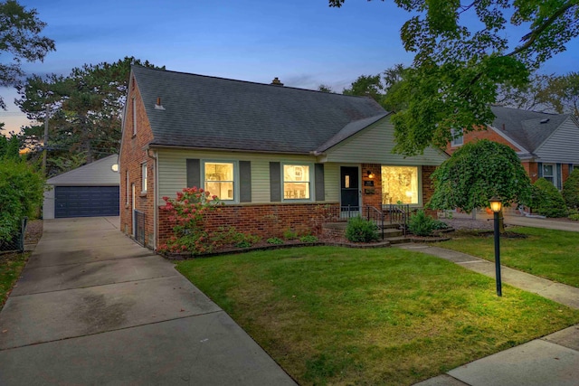 4423 Groveland Ave, Royal Oak, MI 48073 - view of front facade with roof with shingles, an outdoor structure, a detached garage, a front lawn, and brick siding