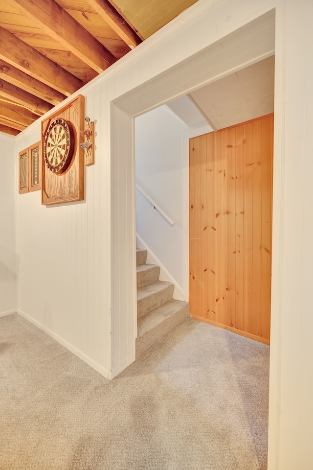 4423 Groveland Ave, Royal Oak, MI 48073 - finished basement featuring wooden walls, baseboards, carpet, and stairs