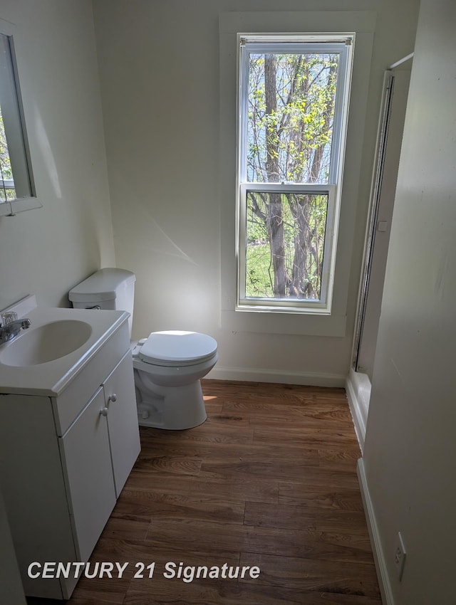 full bath featuring vanity, toilet, a shower with shower door, wood finished floors, and plenty of natural light