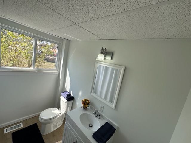 half bath featuring visible vents, toilet, wood finished floors, vanity, and a paneled ceiling