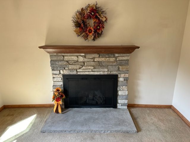 room details with carpet, baseboards, and a fireplace