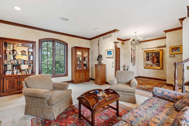 6242 131st St, Saugatuck, MI 49453 - living area with light colored carpet, a notable chandelier, baseboards, visible vents, and recessed lighting