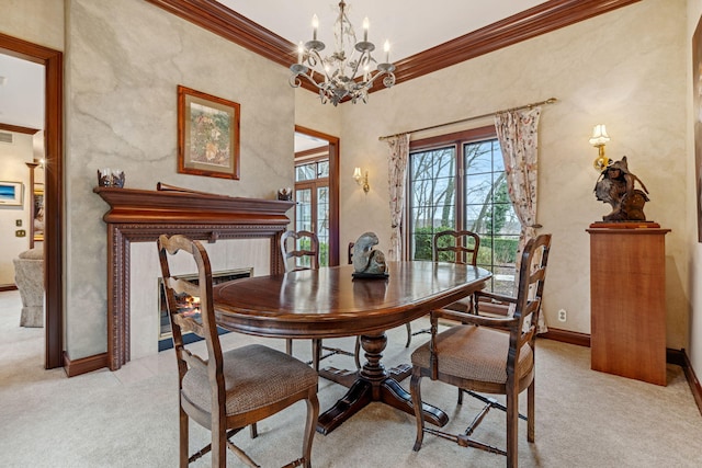 6242 131st St, Saugatuck, MI 49453 - dining space featuring crown molding, baseboards, an inviting chandelier, french doors, and light colored carpet