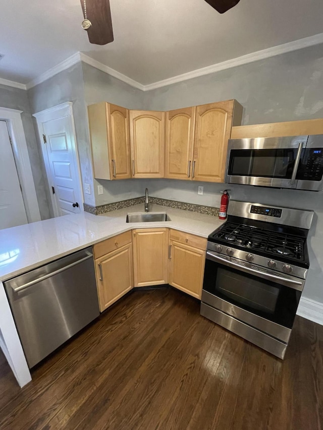 kitchen featuring crown molding, a sink, appliances with stainless steel finishes, dark wood-style floors, and light brown cabinets