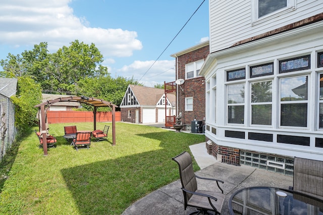 view of yard with a pergola, an outdoor structure, central AC unit, and a patio area