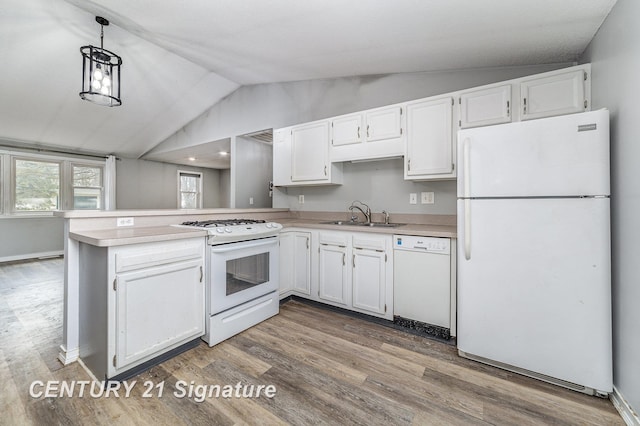 5024 Kencliff Dr, Saginaw, MI 48638 - kitchen featuring white appliances, white cabinetry, and a sink