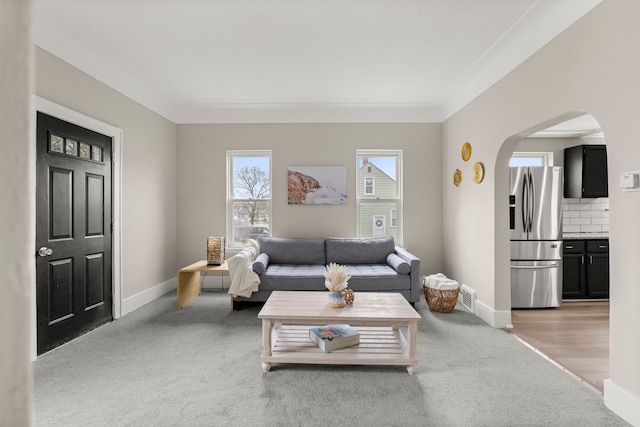 living area with baseboards, visible vents, arched walkways, and carpet