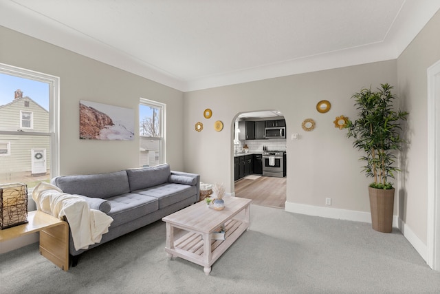living area featuring arched walkways, baseboards, and light carpet
