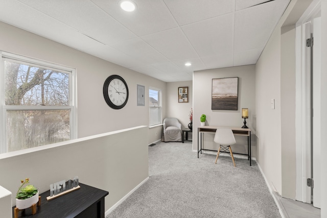 carpeted home office featuring baseboards, recessed lighting, and plenty of natural light
