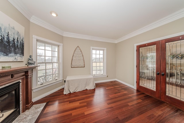 5050 Pleasant Lake Rd, Ann Arbor, MI 48103 - foyer entrance featuring dark wood-style flooring, ornamental molding, a high end fireplace, and french doors