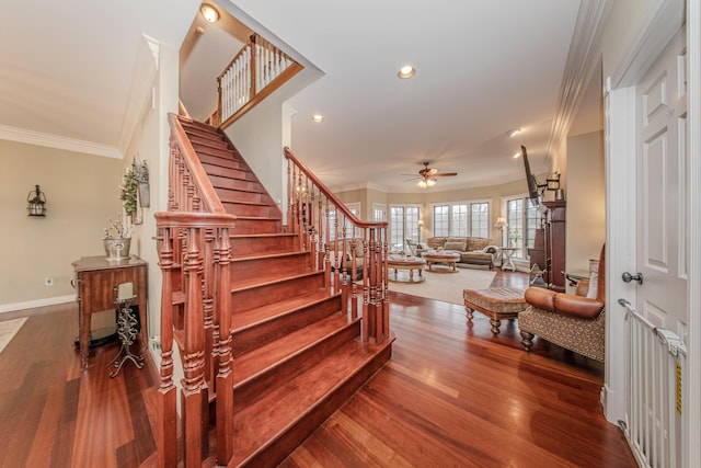 5050 Pleasant Lake Rd, Ann Arbor, MI 48103 - stairs with ornamental molding, wood finished floors, ceiling fan, and recessed lighting