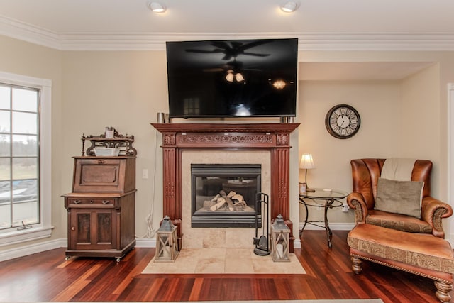 5050 Pleasant Lake Rd, Ann Arbor, MI 48103 - sitting room featuring wood finished floors, crown molding, and a fireplace with flush hearth