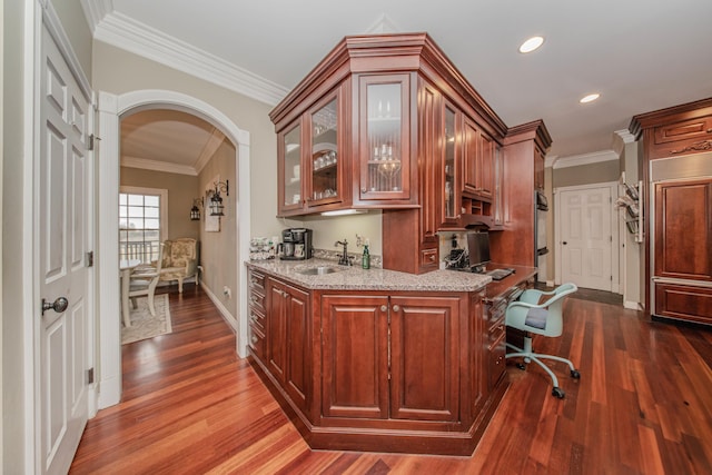 5050 Pleasant Lake Rd, Ann Arbor, MI 48103 - bar area featuring arched walkways, dark wood-type flooring, crown molding, black oven, and recessed lighting