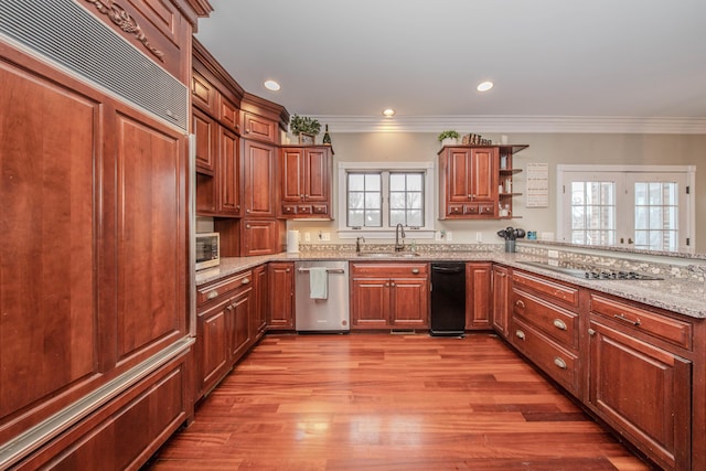 5050 Pleasant Lake Rd, Ann Arbor, MI 48103 - kitchen with paneled fridge, stainless steel dishwasher, black electric cooktop, crown molding, and wood finished floors