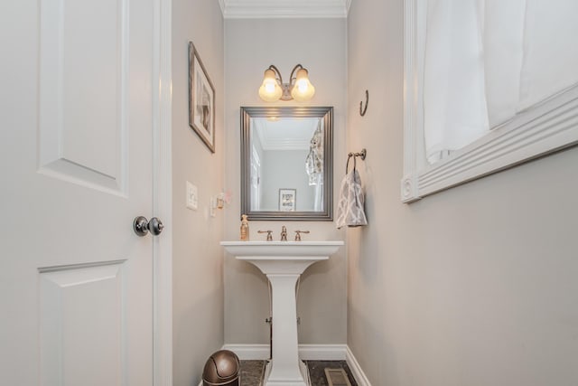 5050 Pleasant Lake Rd, Ann Arbor, MI 48103 - half bath featuring ornamental molding and baseboards