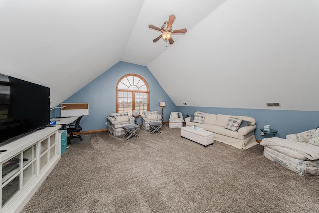 5050 Pleasant Lake Rd, Ann Arbor, MI 48103 - living area with carpet, lofted ceiling, and a ceiling fan