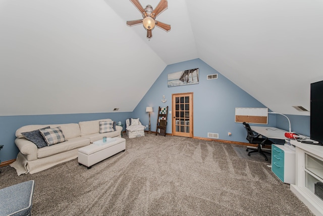 5050 Pleasant Lake Rd, Ann Arbor, MI 48103 - living room featuring carpet floors, vaulted ceiling, an office area, and ceiling fan